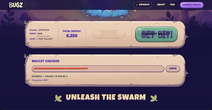 Screenshot of the BUGZ NFT minting website on the ApeChain network, showing a total supply of 6,250, a 'Mint-O-Matic' button, and a wallet checker; tagline reads 'Unleash the Swarm.'