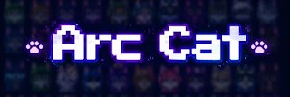 A pixel art style logo reading 'Arc Cat' in white text with purple outline and paw prints on either side, set against a dark background with pixelated figures.