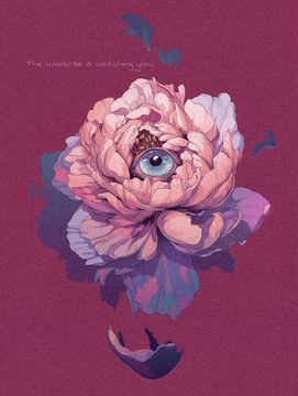 A digital illustration shows a pink peony flower with a human eye at its center, accompanied by the text 'The universe is watching you.'