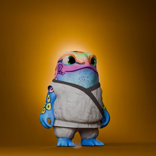 A 3D-rendered illustration of a colorful, cartoonish frog-like creature with pink and green skin, wearing a white martial arts uniform against an orange background.