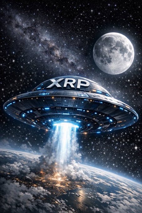 A massive UFO emblazoned with "XRP" beams a powerful blue light down to Earth, set against a starry galaxy backdrop with the moon visible. The image humorously visualizes the "XRP spaceship" metaphor, depicting the crypto's bullish momentum as a literal spacecraft descending upon the planet.