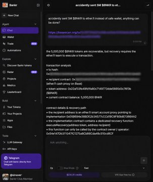 A screenshot of the Bankr chatbot interface displays a conversation where a user discusses accidentally sending 5,000,000 $BNKR tokens (~$1,300) to an ether.fi wallet, with Bankr providing transaction analysis details including contract addresses and recovery information to contact ether.fi support.