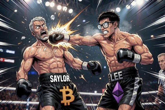 The image depicts a dramatic anime-style boxing match where "SAYLOR" (wearing Bitcoin-branded shorts) takes a devastating punch to the face from "LEE" (wearing Ethereum-branded shorts), visually symbolizing how Tom Lee's Ethereum treasury ($BMNR) is outclassing Michael Saylor's Bitcoin strategy ($MSTR). The knockout blow represents the post's argument that $BMNR deserves triple-digit valuation, given Bernstein's cut to MSTR's price target while $ETH benefits from no debt, no selling pressure, and over $300M in holdings.
