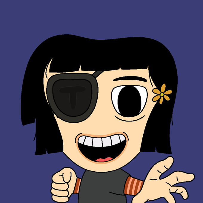 A cartoon illustration of a black-haired girl with an eyepatch featuring a 'T' logo and a yellow flower in her hair, smiling widely with one hand outstretched and the other in a fist.