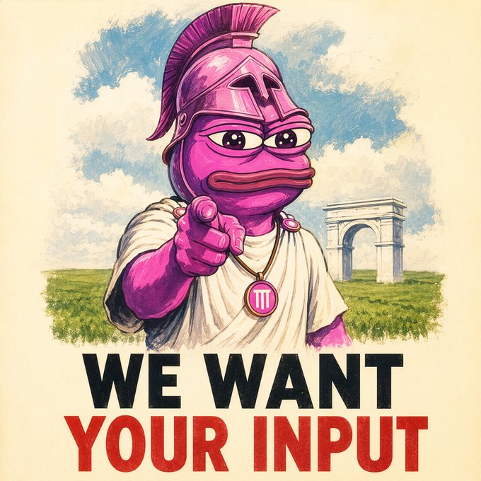 An illustration of a pink Pepe-style character dressed as a Roman centurion pointing at the viewer with a 'TTT' medallion, captioned 'WE WANT YOUR INPUT'.