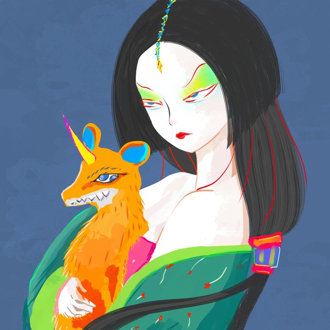 A digital illustration of a pale woman with long black hair, green eyeshadow, and red lips, wearing a green kimono with floral patterns, holding an orange fox-like creature with a single horn.