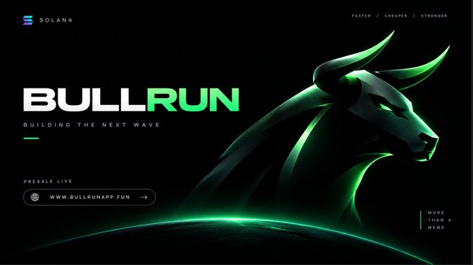 A promotional graphic for 'BULLRUN' on the Solana network, featuring a glowing green bull's head, the tagline 'BUILDING THE NEXT WAVE', and a 'PRESALE LIVE' link to www.bullrunapp.fun.