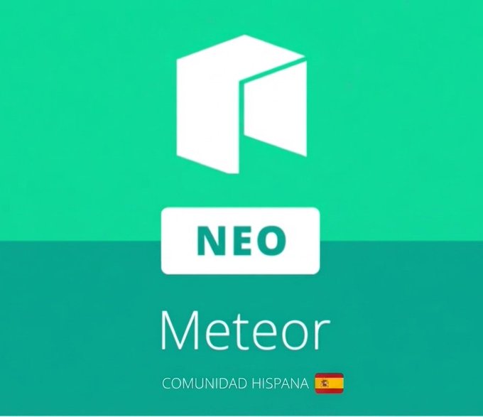 Promotional graphic for "Meteor," featuring the Neo logo above the project name on a teal background, with "COMUNIDAD HISPANA" and a Spanish flag indicating the Spanish-speaking community's new initiative to develop a collective roadmap for the Neo ecosystem.