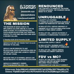 A promotional graphic for a token called 'Jesus Coin (JC)' (@JesusCoinERC), describing its mission, renounced/unruggable status, limited supply, and PancakeSwap listing with the contract address 0x2A306A4C26B85F0957ab32E96a30C7F8e8B5a270.