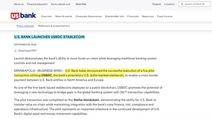 A U.S. Bank press release webpage titled 'U.S. BANK LAUNCHES USBDC STABLECOIN' dated September 09, 2026, announcing a live pilot transaction utilizing USBDC, the bank's proprietary U.S. dollar-backed stablecoin on the Stellar blockchain.