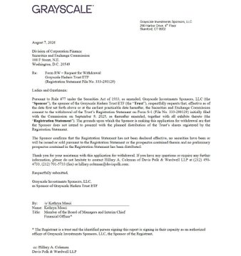 This image is a formal letter from Grayscale Investments, LLC, dated August 7, 2025, addressed to the Division of Corporation Finance and Secretary of the Treasury (Washington, D.C. 20549), titled "Form N/W – Request for Withdrawal." It confirms the withdrawal of the "Hedera Trust" registration statement, which was previously filed under Form 10 in June 2024, signaling that Grayscale will no longer proceed with the proposed $HBAR ETF as referenced in the accompanying post.