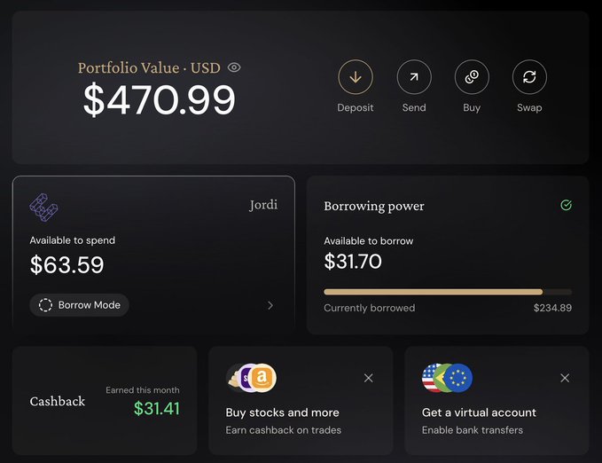 A digital dashboard displays a 'Portfolio Value' of $470.99 USD with options to 'Deposit', 'Send', 'Buy', and 'Swap', alongside a 'Cashback' earned this month of $31.41.