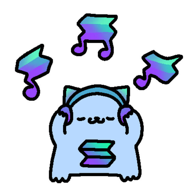 A cute blue cartoon character wearing a sleeping cap and headphones, surrounded by floating musical notes in blue and purple gradients, listens to music through headphones while clutching a book or record—visually echoing the post's audio-themed references to Solana's latest weekly recap.