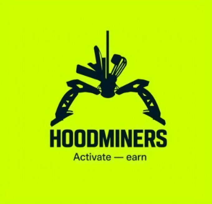 A bright yellow-green graphic featuring a black stylized mining rig or robotic emblem above the bold text "HOODMINERS" with the tagline "Activate — earn," visually reinforcing the project's crypto-mining identity tied to the referenced OpenSea reveal.