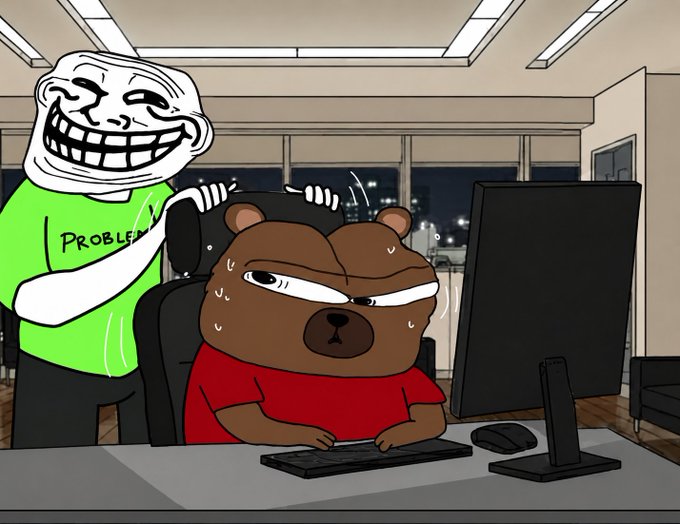 An animated scene features a trollface character wearing a green 'PROBLEM?' shirt massaging the shoulders of a stressed, sweating brown bear character who is sitting at a computer desk.