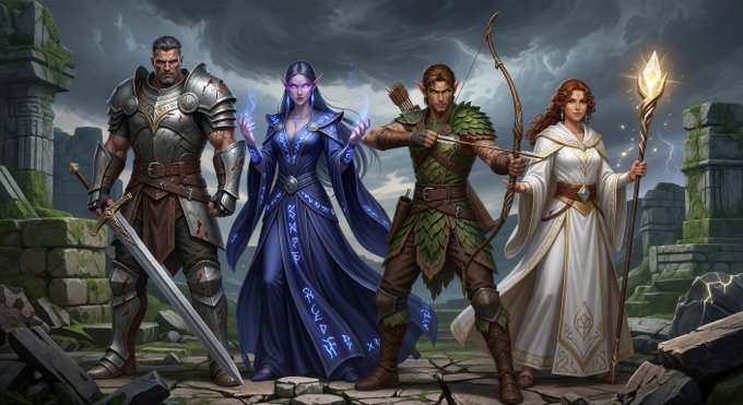 Fantasy artwork depicting four adventurers—a knight, sorceress, archer, and cleric—standing together in a ruined stone environment.