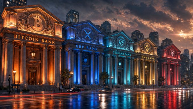 An artistic rendering depicts grand, illuminated neoclassical-style "banks" dedicated to various cryptocurrencies, each featuring their distinct logos and tickers: BITCOIN BANK, XRP BANK, STELLAR BANK, BNB BANK, and TRON BANK. The image visually echoes the post's vision by showcasing XRP and XLM as established financial institutions alongside other major cryptocurrencies, implying a future where altcoins rival Bitcoin's prominence in global finance.