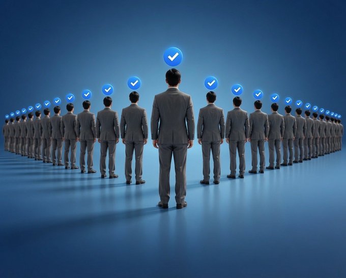 A 3D illustration of multiple men in gray business suits standing in rows, each with a blue checkmark icon above their heads, symbolizing verification or approval.