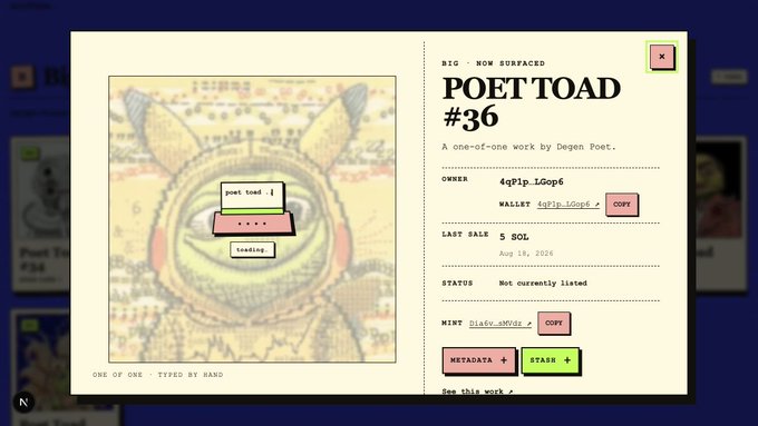 A NFT marketplace listing for 'POETTOAD #36' on the Big - Now Surfaced collection, owned by 4qPip_L6op6 with a last sale of 5 SOL, featuring an artwork of a toad with overlaid text boxes.