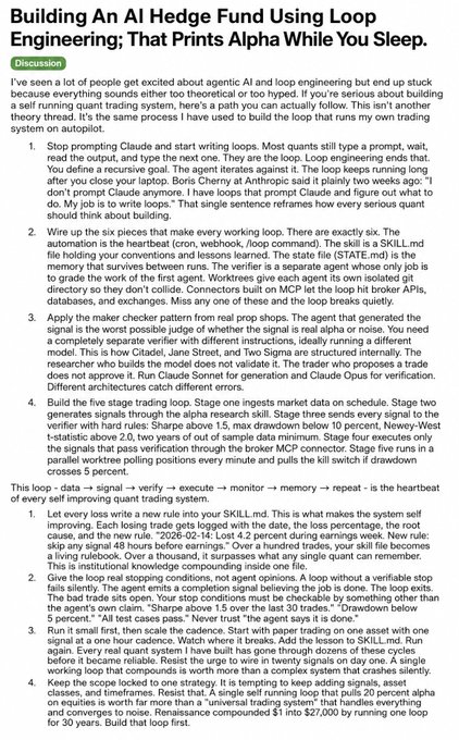 The image shows a social media post titled "Building An AI Hedge Fund Using Loop Engineering: That Prints Alpha While You Sleep." The discussion outlines a six-step process for creating an autonomous trading system: defining a recursive goal, wiring six capabilities (excit.sy, autopilot, verification, validation, compilation, training, databases, exchanges), applying the maker-checker pattern between agent and verifier, dividing the process into five stages with specific Sharpe/drawdown targets, and final tuning with small position sizes and paper trading.

The caption reinforces the post's core message: the "agent generating the signal is the worst possible judge of it," highlighting the need for a separate verifier role—a key principle of effective loop engineering in autonomous quant systems.