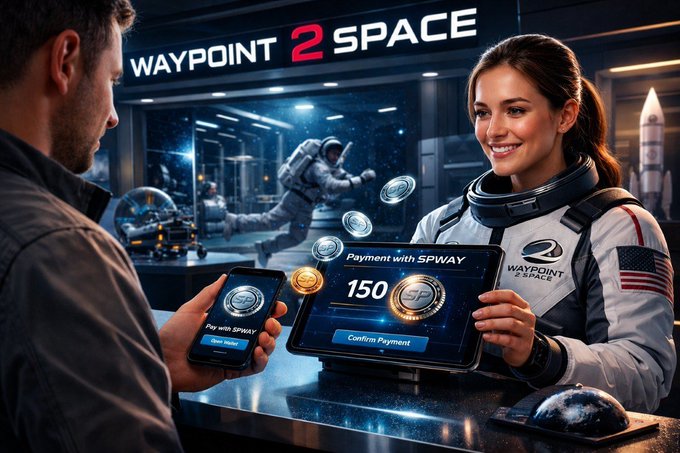 A digital illustration showing a transaction at 'WAYPOINT 2 SPACE' where a person pays 150 SPWAY tokens via mobile device to an astronaut in a space-themed facility.