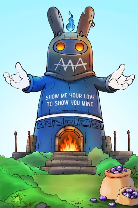 A cartoon illustration of a large blue tower with bunny ears, glowing eyes, and the text 'SHOW ME YOUR LOVE TO SHOW YOU MINE', featuring a fireplace at its base and bags of purple coins nearby.