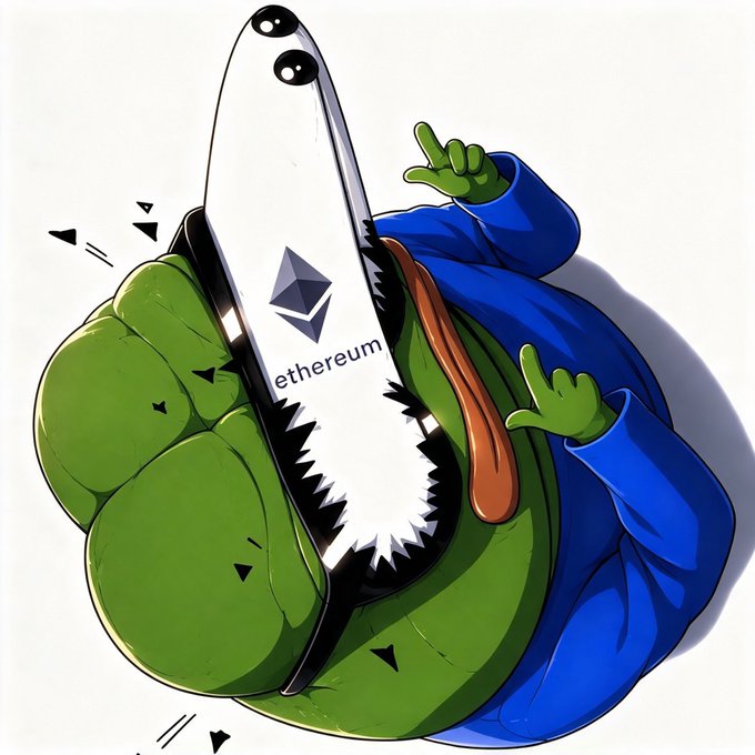 A cartoon illustration depicts a green frog in a blue hoodie being bitten by a shark, with the Ethereum logo and 'ethereum' text visible on the shark's white underbelly.