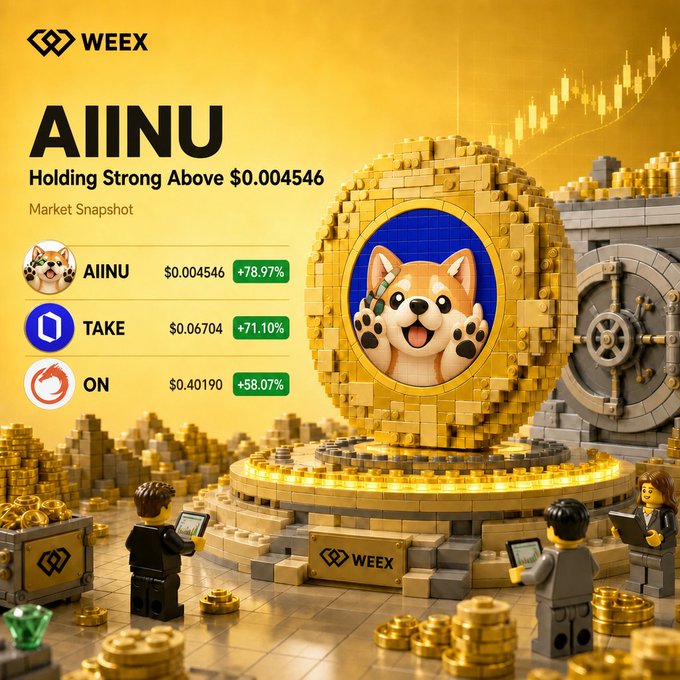 A promotional WEEX market snapshot for AIINU ($0.004546, +78.97%), alongside TAKE (+71.10%) and ON (+58.07%), featuring a large dog mascot coin and a vault in a Lego-style illustration.