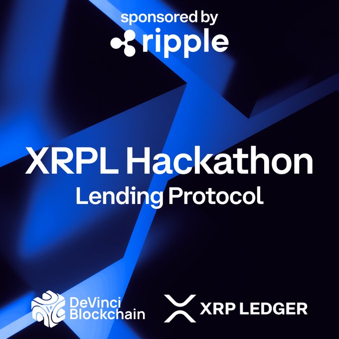 A promotional graphic for the "XRPL Hackathon: Lending Protocol" event, sponsored by Ripple, features branding for DeVinci Blockchain and XRP Ledger against a blue geometric background. The image visually represents the hackathon where teams build on the Lending Protocol (XLS-66) and Single Asset Vault (XLS-65) over the weekend of 11–13 September in Paris.