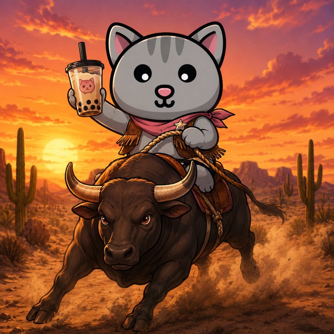 An anime-style cat character wearing a pink bandana, holding boba tea while riding a bull through a desert sunset landscape.