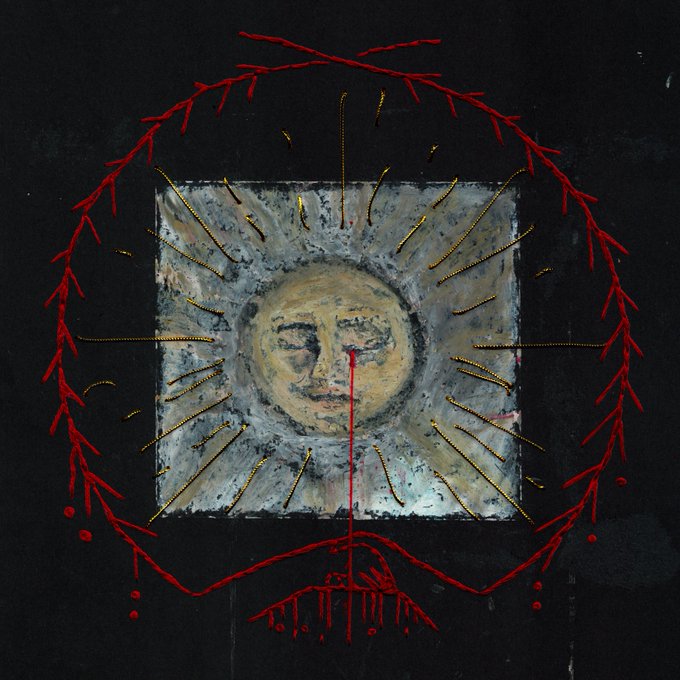 A dark, abstract painting featuring a central sun face surrounded by radiating golden lines within a square, framed by a red, arching thorny border.