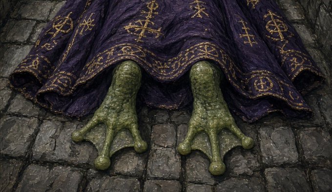 A creepy green frog-like creature in an ornate purple robe with gold symbols reveals its webbed, grotesque feet on a stone floor, humorously playing on the post's joke about selling "feet pics" of this amphibious oddity for XRP at $322 each.
