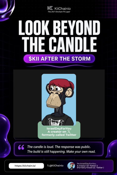 A promotional graphic for 'KiiChain' featuring a Bored Ape-style NFT character, with the tagline 'LOOK BEYOND THE CANDLE' and 'KII AFTER THE STORM', attributed to 'IsraelDeyForYou / A creator on X (formerly called Twitter)'.