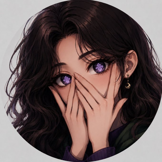 An anime-style illustration of a girl with dark wavy hair covering her mouth with both hands, featuring purple pixelated symbols in her eyes and a small crescent moon earring.