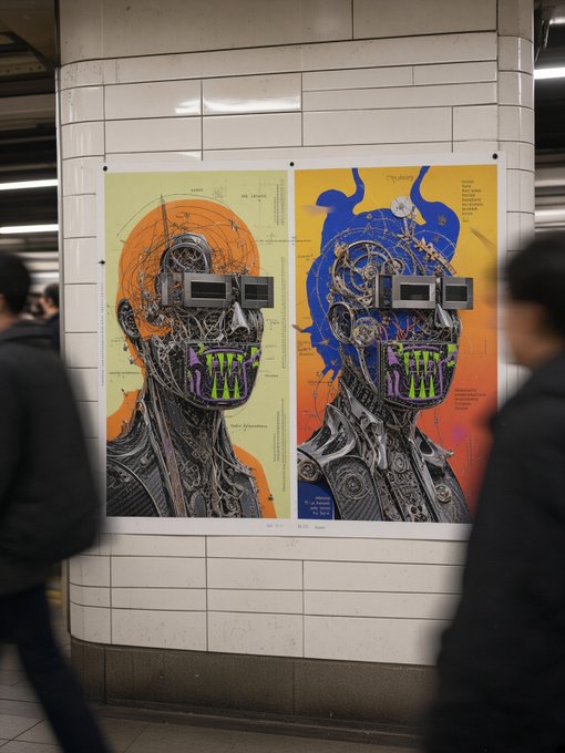 Two posters on a tiled subway wall depict stylized robotic heads wearing VR headsets, with text elements like 'CALIBRATION' and 'NEURAL DATA'; a person walks past in the foreground.