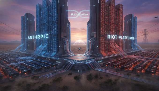 A futuristic sci-fi illustration showing two massive opposing corporate structures labeled 'ANTHROPIC' (blue) and 'RIOT PLATFORMS' (red) connected by a $9,000,000,000.00 deal displayed at the top center, set in a desert landscape.