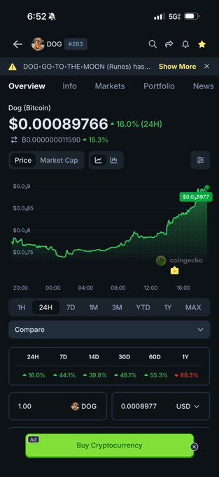 A screenshot of a cryptocurrency tracking app displaying the Dog (Bitcoin) token ticker, showing a price of $0.00089766 with a 16.0% 24-hour increase on a green chart, along with a 'DOG-GO-TO-THE-MOON (Runes) has...' alert.