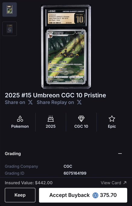 A graded Pokémon card listing shows a 2025 Umbreon CGC 10 Pristine (Grading ID 6075164199) inscribed on the gacha.collectorcrypt.com platform, with the post celebrating a recent pull from the Collector Crypt gacha machine and directing others to use the artist's referral link for boosted grail odds.