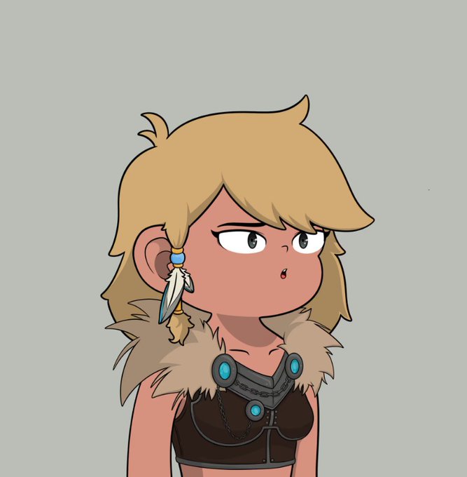 A cartoon-style illustration of a tanned female character with blonde hair, a feather earring, and a fur-trimmed outfit, glancing sideways with a slightly annoyed expression.