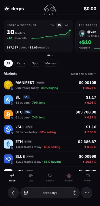 A mobile screenshot of the derps.xyz trading app interface showing markets like MANIFEST, SUI, BTC, xSUI, ETH, and BLUE with their current prices and percentage changes.