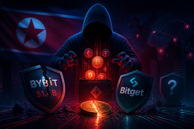 A dramatic digital illustration depicting a hooded hacker figure manipulating cryptocurrency coins, with a North Korean flag in the background, cracked shields labeled "BYBIT $1.5B" and "Bitget," and a Bitcoin glowing in the center.
