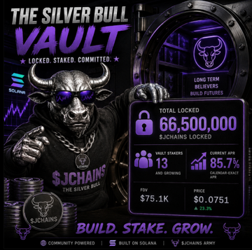 The image is a promotional graphic for "The Silver Bull Vault" featuring a hooded bull character with glowing purple eyes, a "Locked. Staked. Committed" tagline, and key metrics including 66,500,000 $JCHAINS locked, 13 vault stakers, 85.7% current APY, and a price of $0.0751 (+23.3% in 24h), built on Solana. The graphic visually reinforces the post's announcement of 66.5 million $JCHAINS committed to the staking vault, emphasizing long-term community commitment.