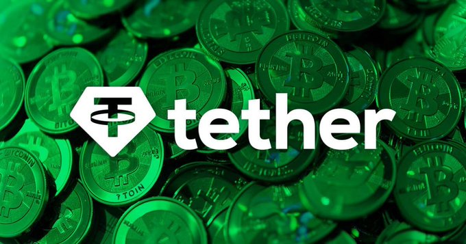 The Tether (USDT) logo displayed over a background of green-tinted Bitcoin coins.