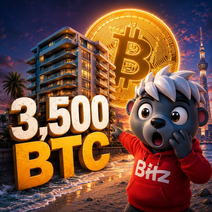 The image features an adorable cartoon squirrel wearing a red sweatshirt with white lettering and holding a gold Bitcoin symbol above its head. The backdrop for this scene includes a beach and mountains, with the words "3,500 Bitcoin" written on a large building in the background. A post is also present, which says that today in Bitcoin history on June 5, 2011 someone listed an apartment near Tokyo for 3,500 $BTC (which was approximately $60,000 at that time). This message seems to be promoting or discussing Bitcoin prices and market activities during this specific date.