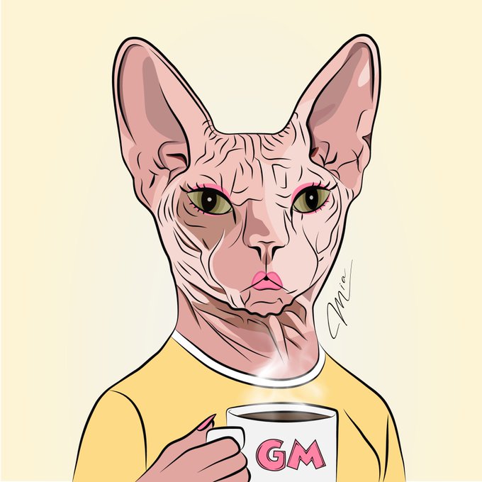 A digital illustration of a hairless Sphynx cat-like figure with human-like facial features, wearing a yellow shirt and holding a white mug with 'GM' written in pink.