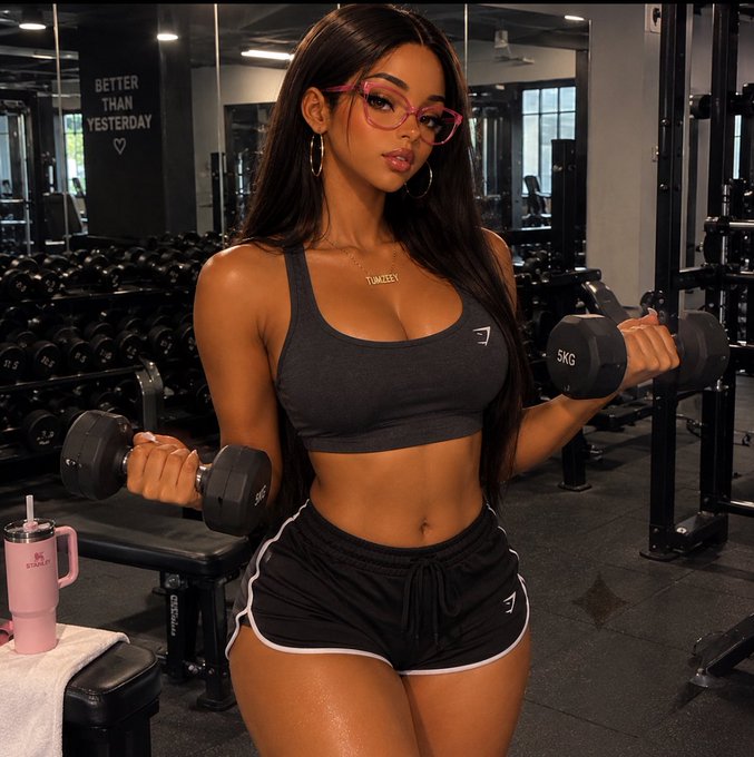 A young woman with long dark hair and pink glasses lifts dumbbells in a gym, wearing a black sports bra and shorts, with a 'BETTER THAN YESTERDAY' sign visible in the background.
