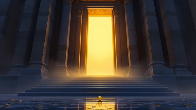 A grand temple doorway radiates golden light as a discarded hard hat and papers lie on the steps, symbolizing the program's transition from the testing grounds of devnet into the live, open gateway of Solana mainnet.