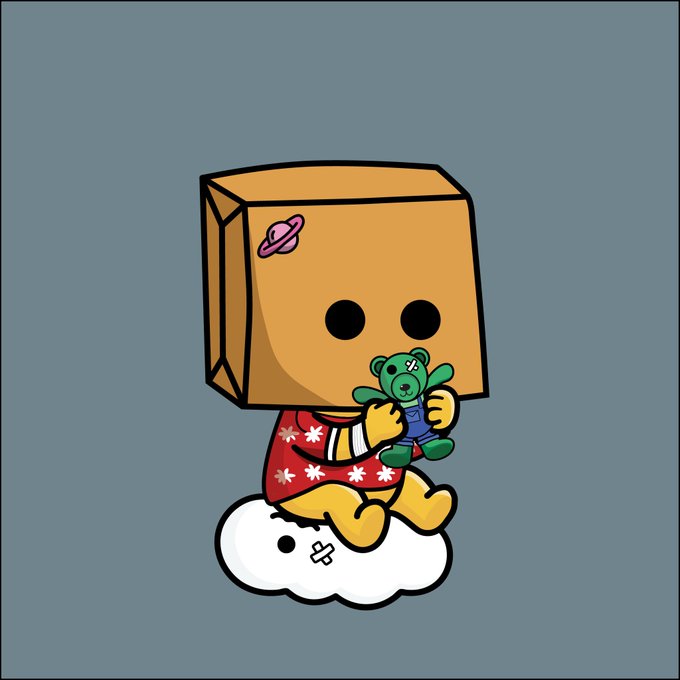 A cartoon illustration of a yellow character with a cardboard box head (featuring a small planet logo) sitting on a cloud, holding a green teddy bear.