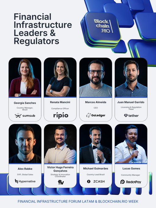 A promotional graphic for 'Blockchain Rio' titled 'Financial Infrastructure Leaders & Regulators' displays headshots and titles of eight industry professionals, including Georgia Sanches from sumsub and Lucas Gomes from RedoPay, with the event 'FINANCIAL INFRASTRUCTURE FORUM LATAM & BLOCKCHAIN RIO WEEK' at the bottom.