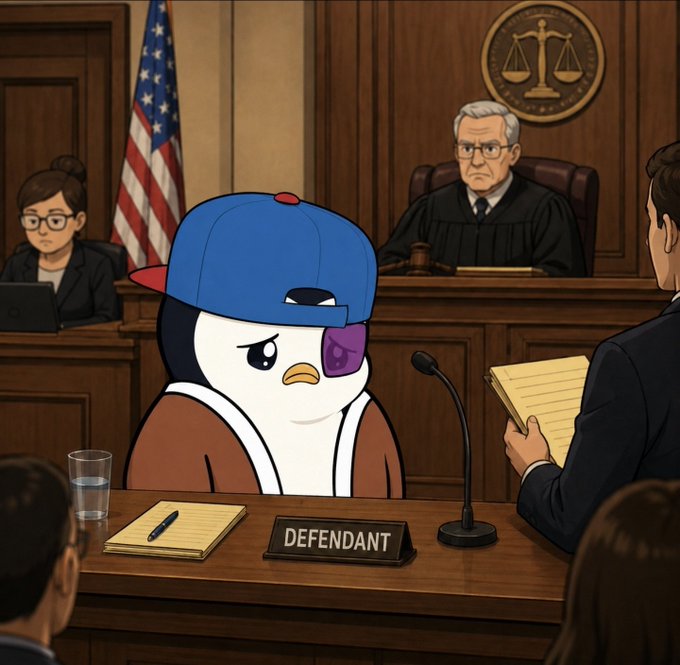 Cartoon illustration of a courtroom scene featuring a sad penguin wearing a blue baseball cap labeled 'DEFENDANT' at the witness stand, with a judge and lawyer present.